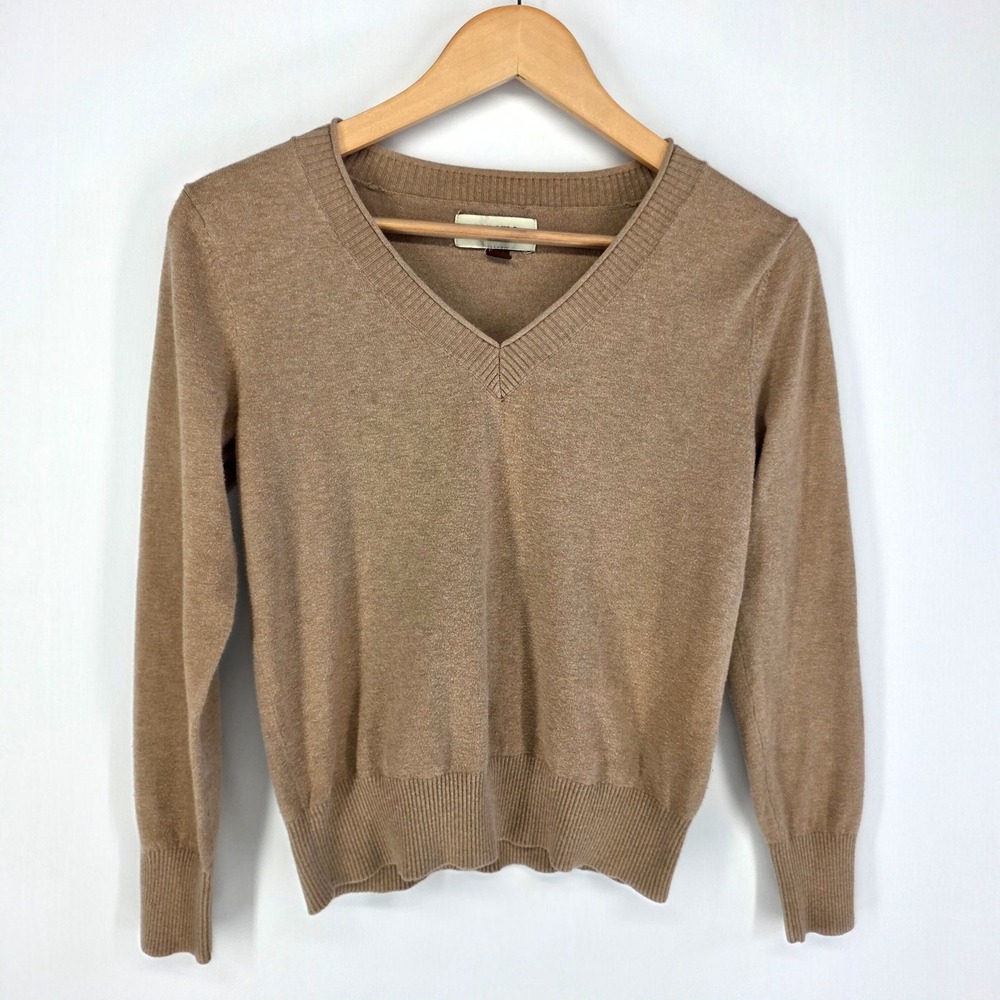 Sonoma V-Neck Sweater Women S Tan Long Sleeve Knit Ribbed Trim Casual Classic